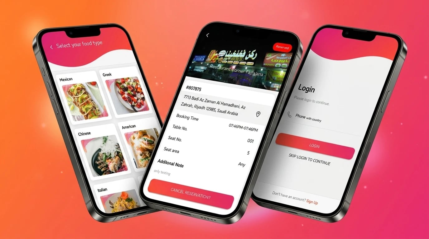 With Love app on three phones — Select your food type, a reserved booking at Restaurant Corner with table and seat number, and phone login