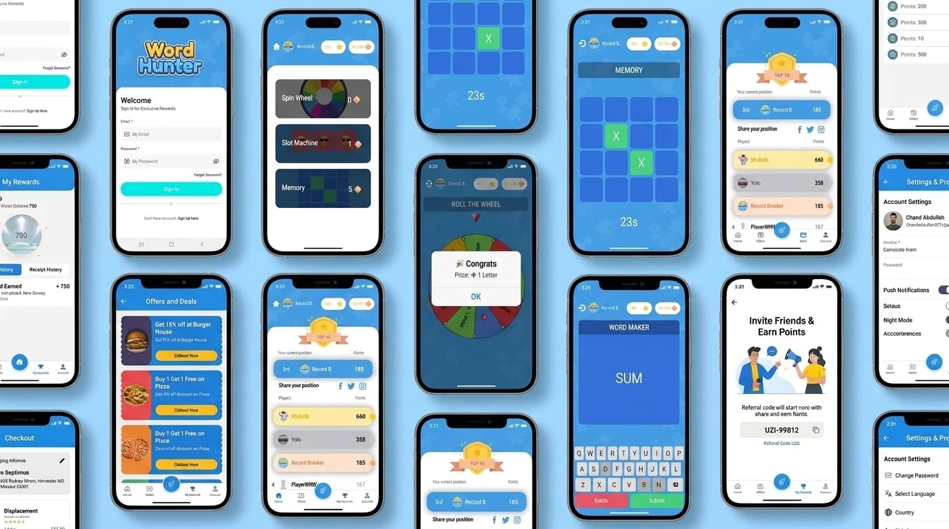 Word Hunter World screens — the Word Hunter sign-in, the game hub with Spin Wheel, Slot Machine and Memory, Word Maker with its keyboard, Roll the Wheel with a prize of one letter, a timed Memory grid and the Top 10 leaderboard