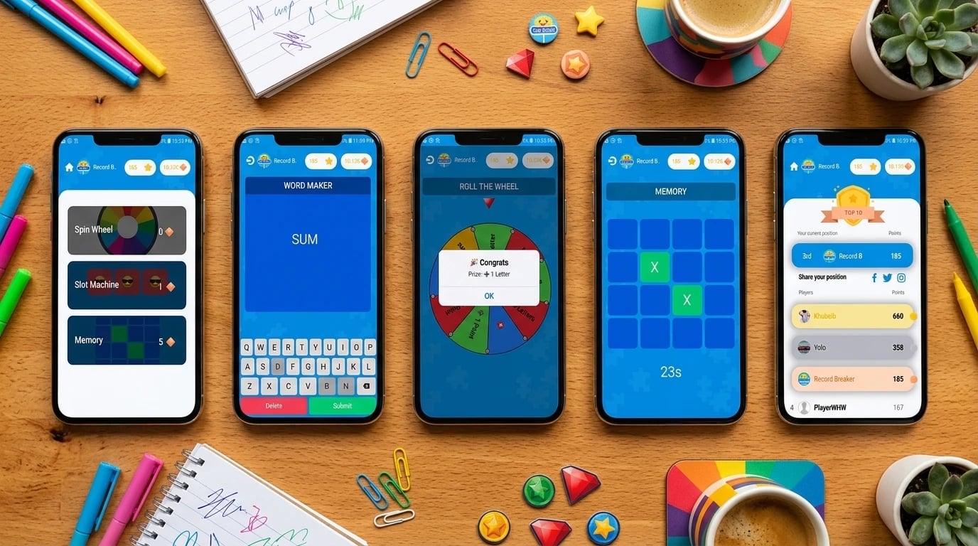 Word Hunter World on five phones on a desk — the game hub, Word Maker spelling SUM, Roll the Wheel with a prize dialog, a Memory grid with a 23-second timer, and the Top 10 leaderboard