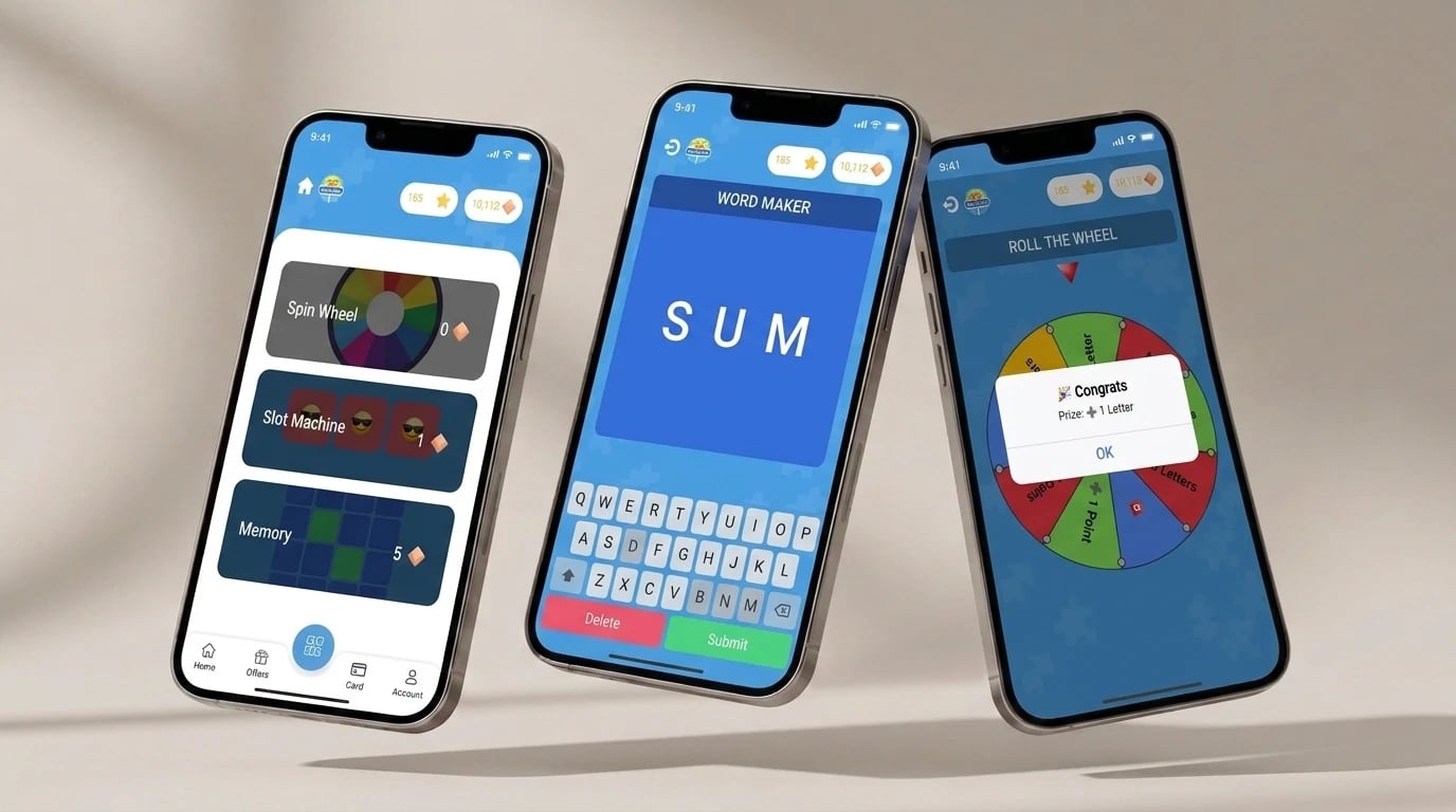 Word Hunter World on three phones — the game hub with Spin Wheel, Slot Machine and Memory, Word Maker spelling SUM with its keyboard, and Roll the Wheel with a prize of one letter