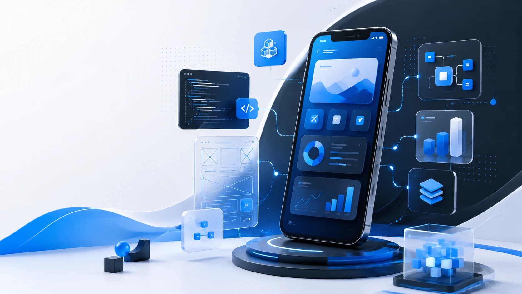 Modern mobile app development cost concept showing smartphone interfaces, product architecture, analytics, and development planning