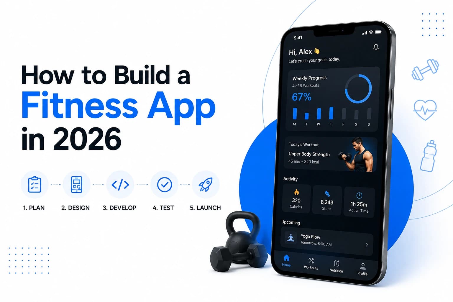 Modern AI-powered fitness app showing workouts, progress tracking, gym bookings, and personalised training