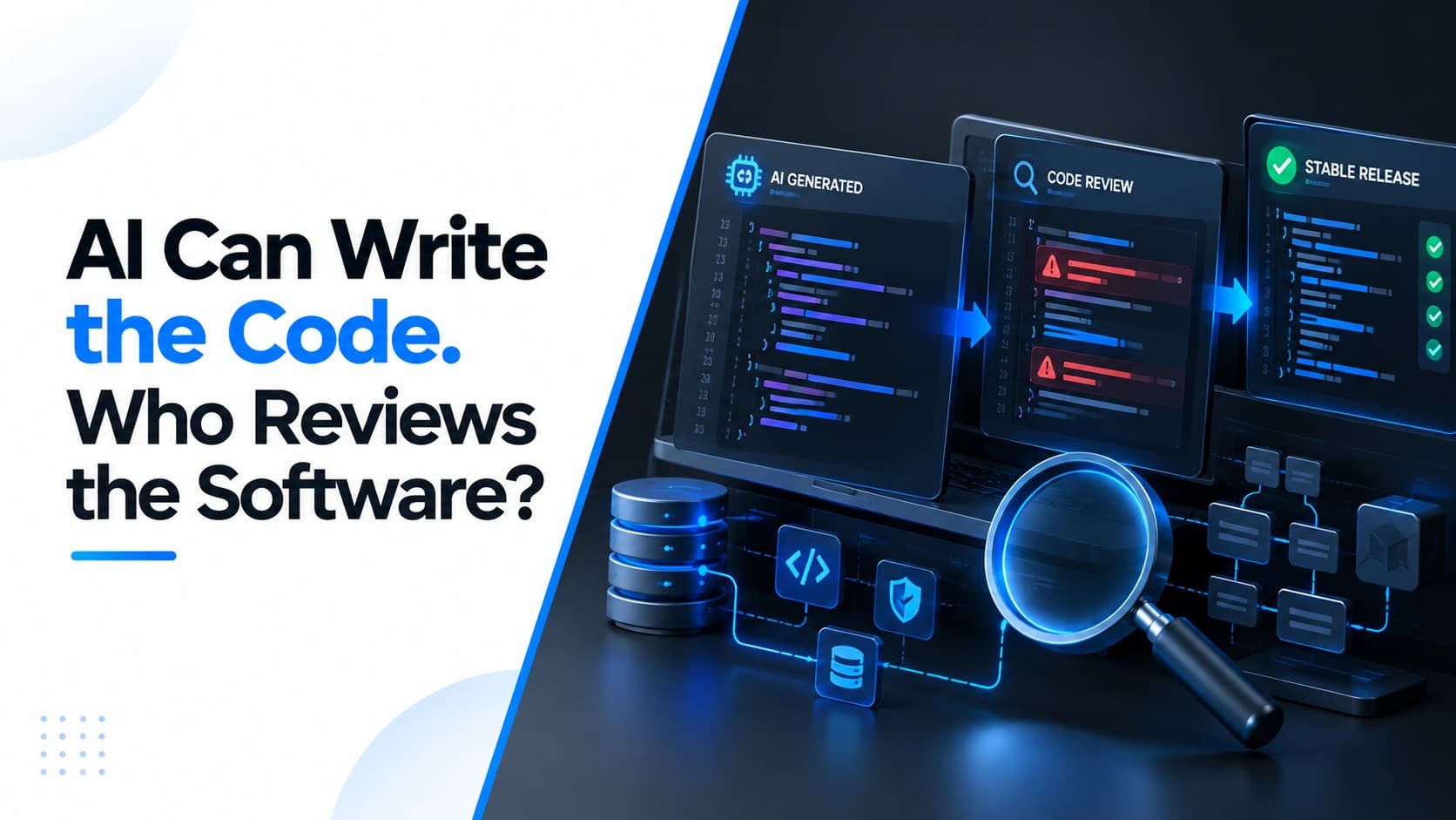 Software engineer reviewing AI-generated code before a production deployment