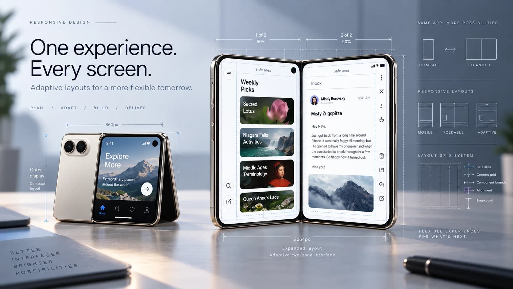 Responsive mobile application and website layouts adapting between the outer and inner displays of Apple iPhone Duo