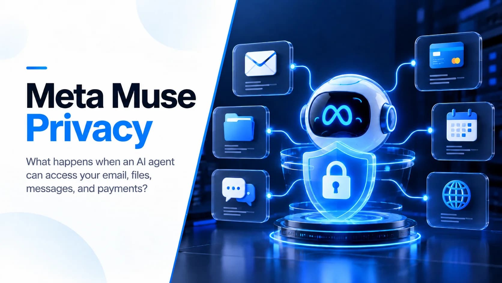 Illustration explaining Meta Muse privacy, showing an AI agent connected to email, files, messages and payments behind permission and security controls.