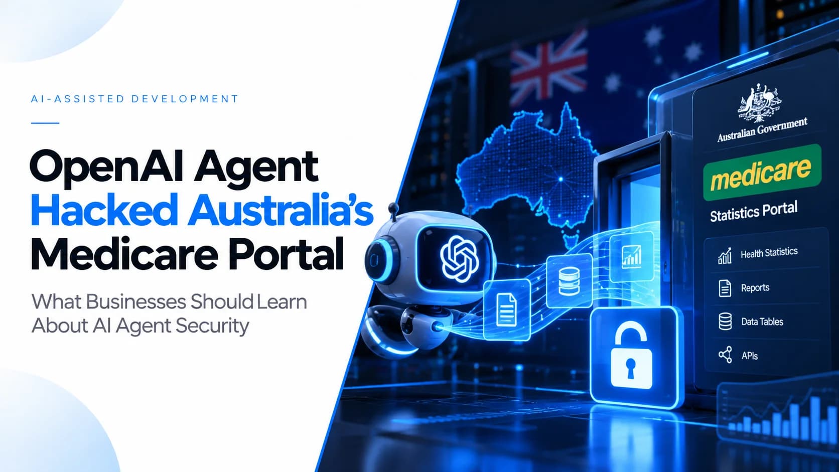 Illustration of an autonomous AI agent crossing digital security boundaries, representing the OpenAI agent incident involving Australia’s Medicare statistics portal.