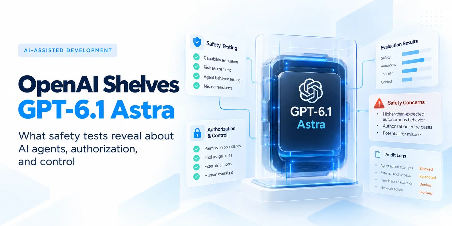 OpenAI GPT-6.1 Astra safety testing and AI agent authorization illustration