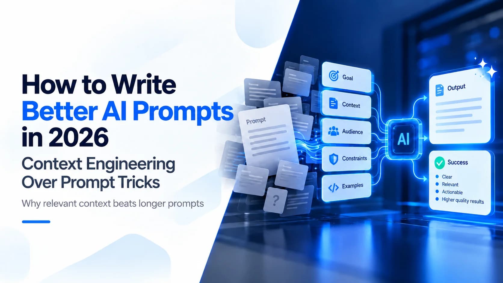 Diagram showing a long overloaded AI prompt compared with a concise structured context engineering prompt