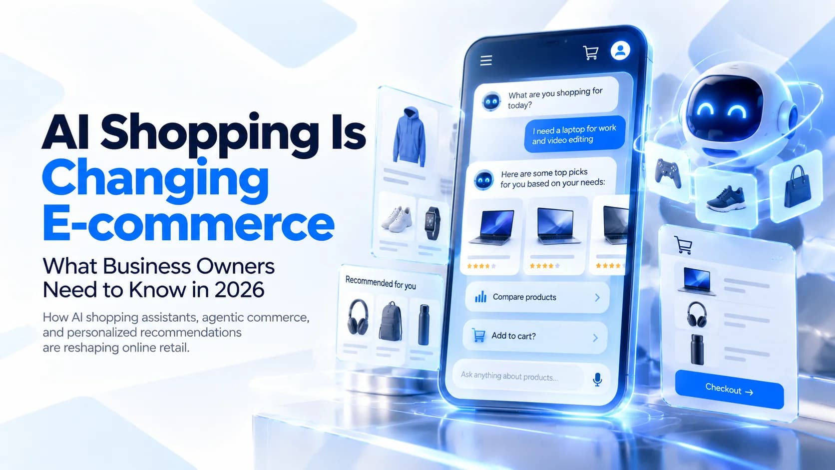 AI shopping assistant showing personalized product recommendations, conversational search, and online checkout in a modern e-commerce mobile application.