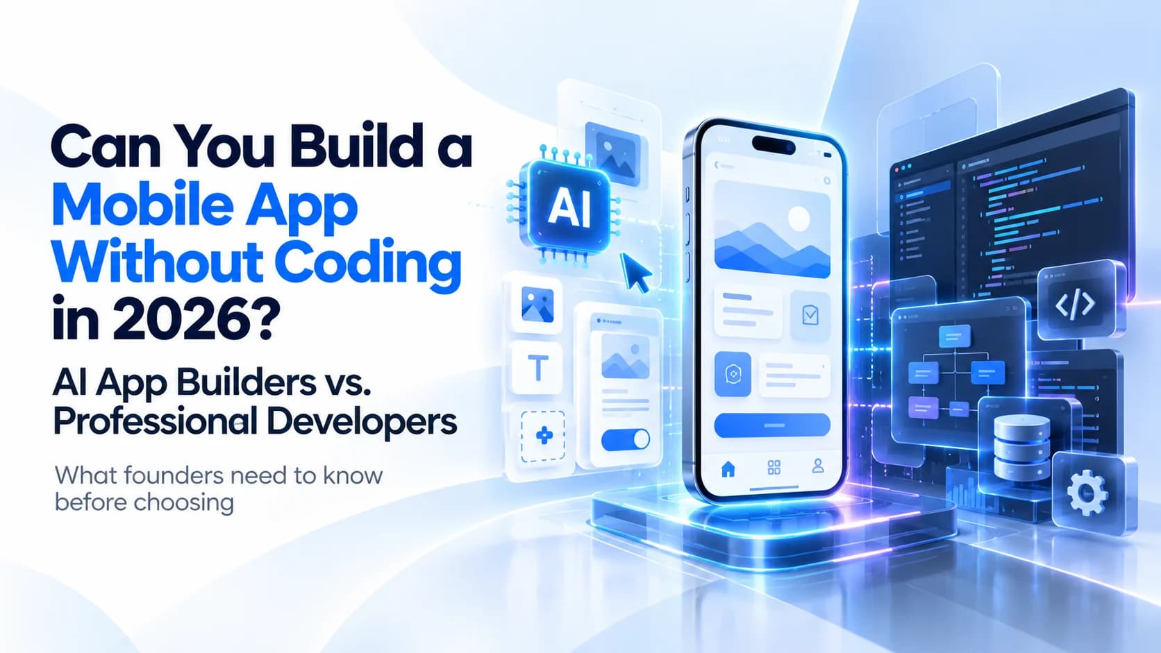 AI mobile app builder compared with professional mobile app development, showing the differences in building and launching apps in 2026.