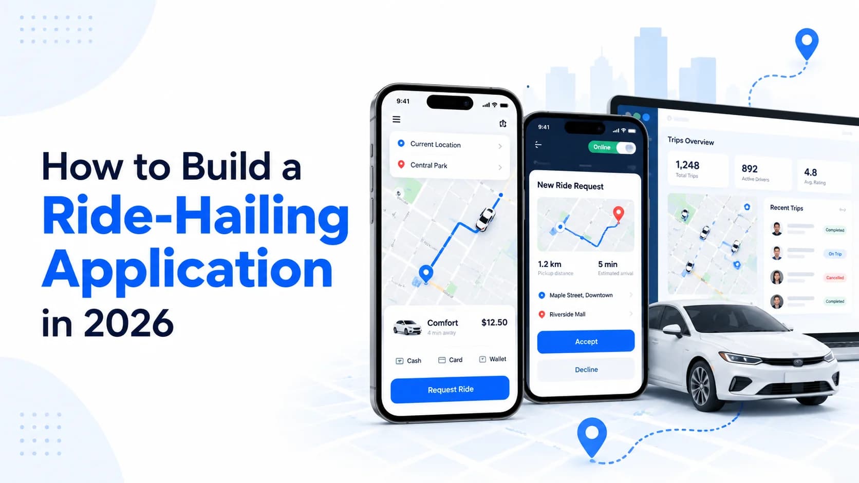 Ride-hailing application development in 2026 featuring passenger and driver mobile apps, live GPS tracking, and an admin dashboard.