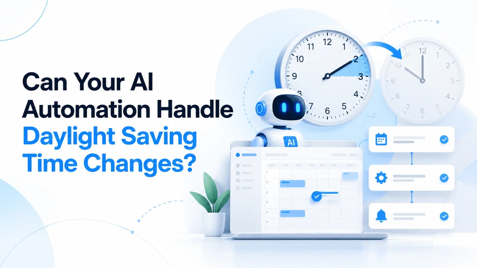 AI automation scheduling dashboard showing daylight saving time changes, time zone synchronization, and automated workflow reliability.